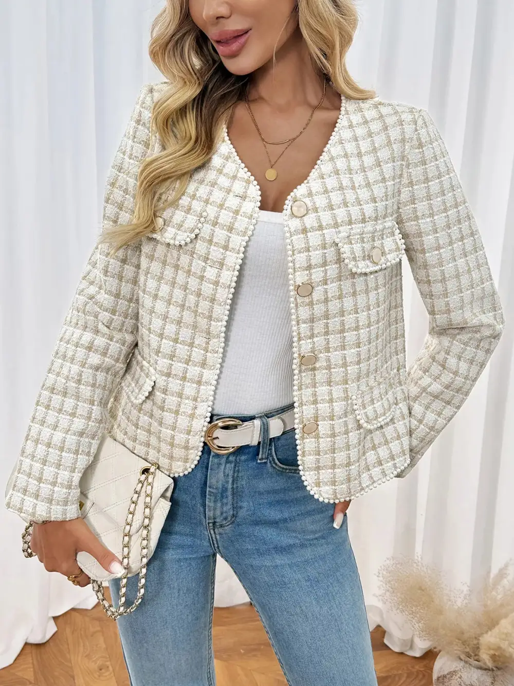 Pearl Trim Button Up Tweed Outerwear