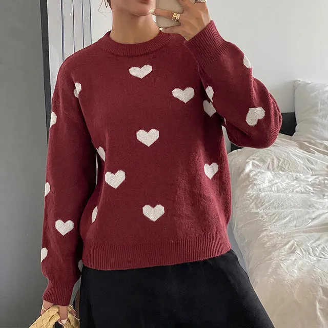 Women's Jacquard Heart-Motif Round-Neck Vintage-Inspired Sweater
