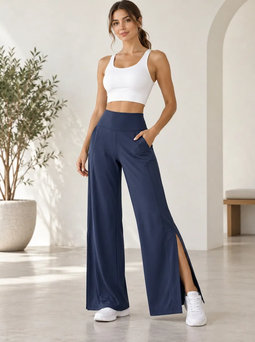 Women's Pocket Relaxed Motion Wide Leg Slit Sport Pants