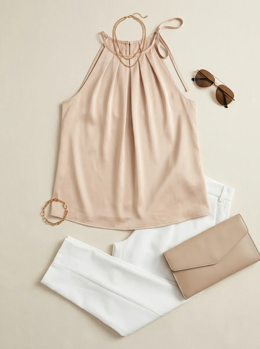 Satin Pleated Halter Neck Sleeveless Top