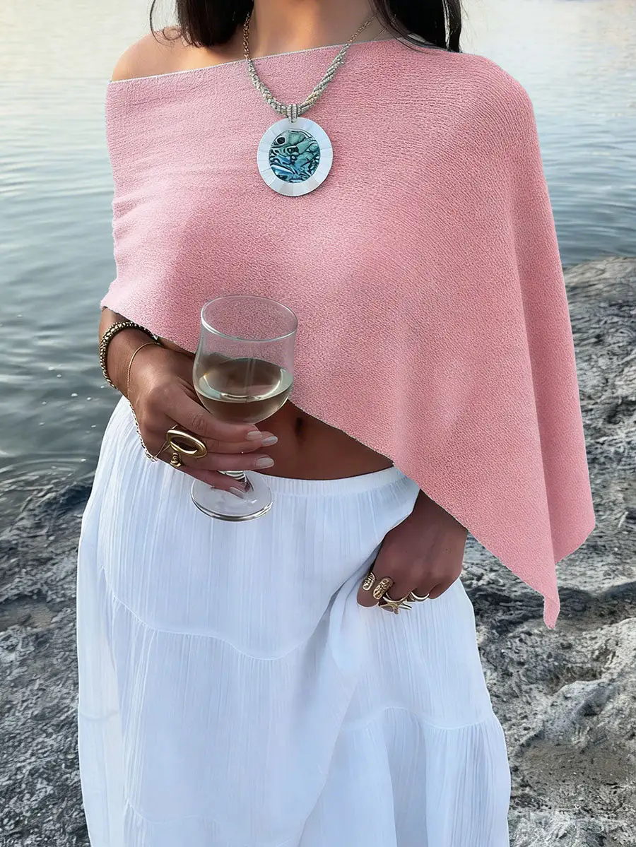 Sheer Detail Asymmetric One Shoulder Relaxed Fit Knit Cape