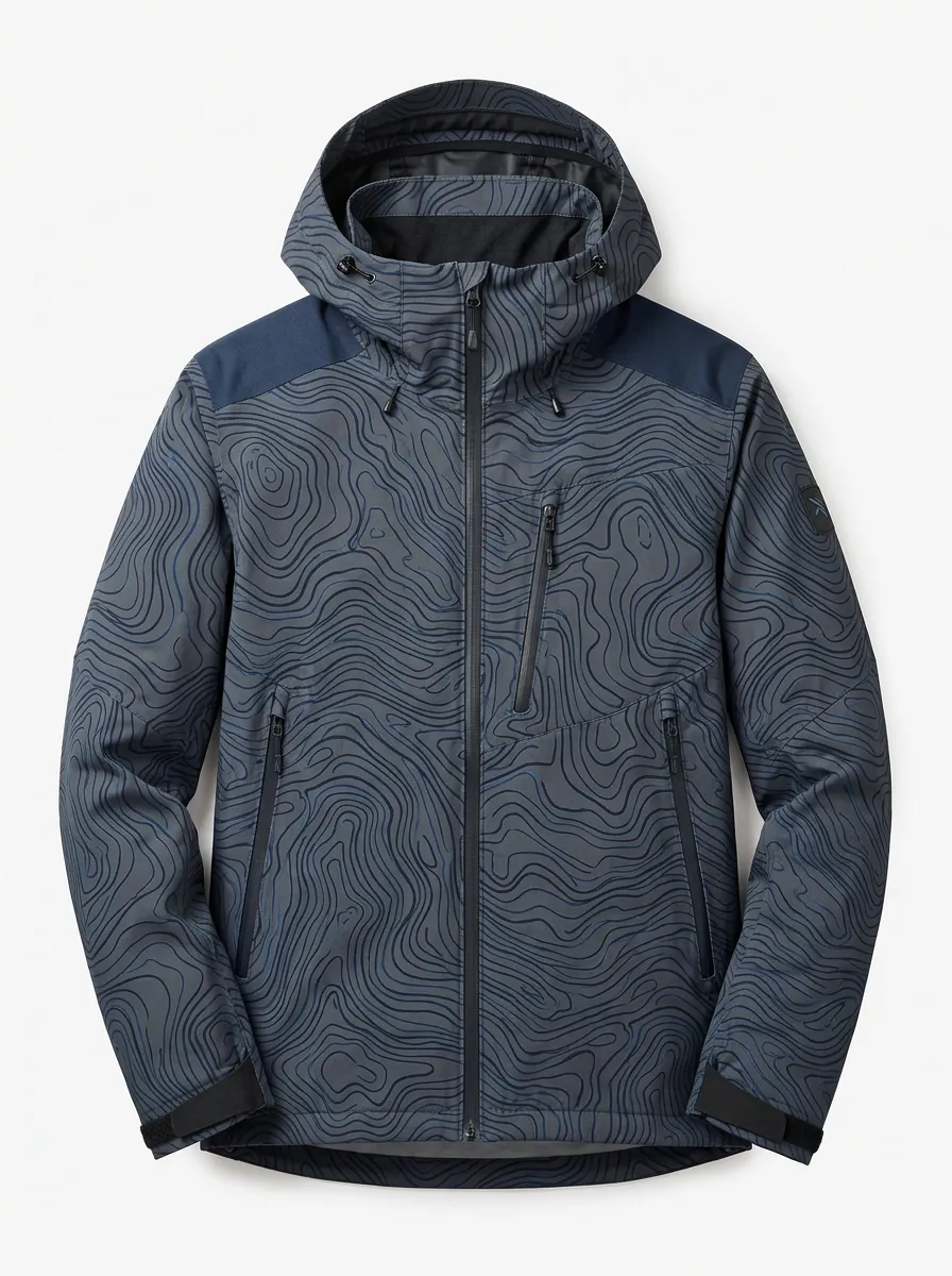 Men's Charcoal Topographic Print Technical Hooded Jacket Zip-Front