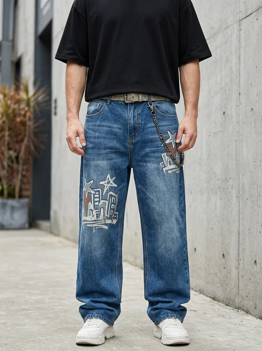 Unisex Urban Streetwear Star Jeans