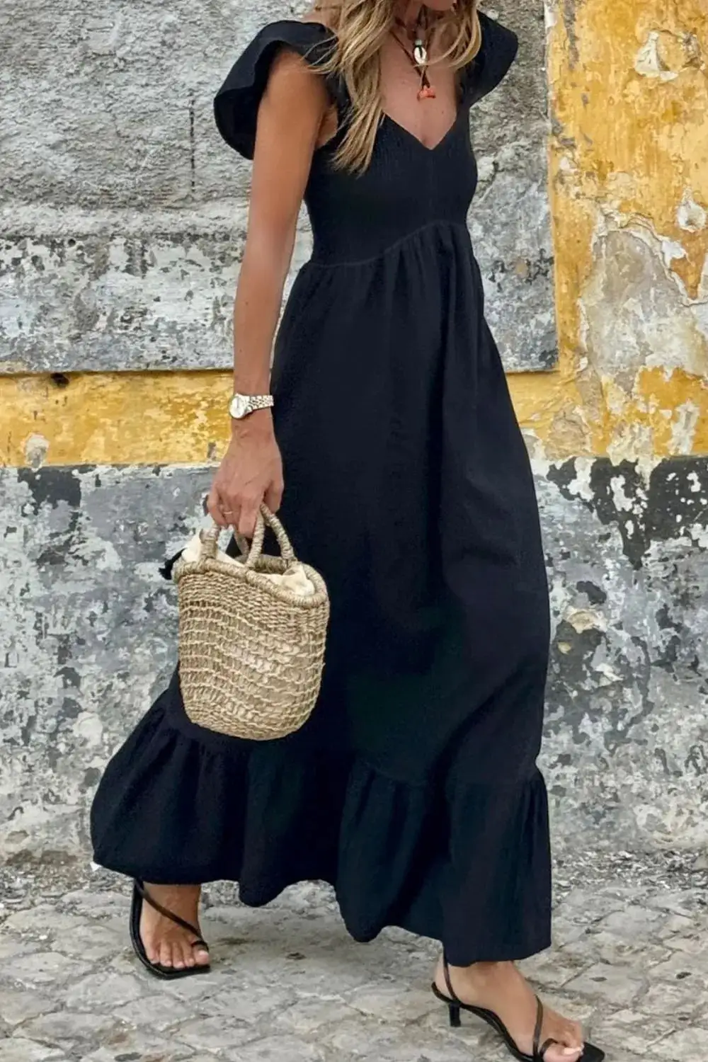Relaxed Ruffle Trim Smocked Dress