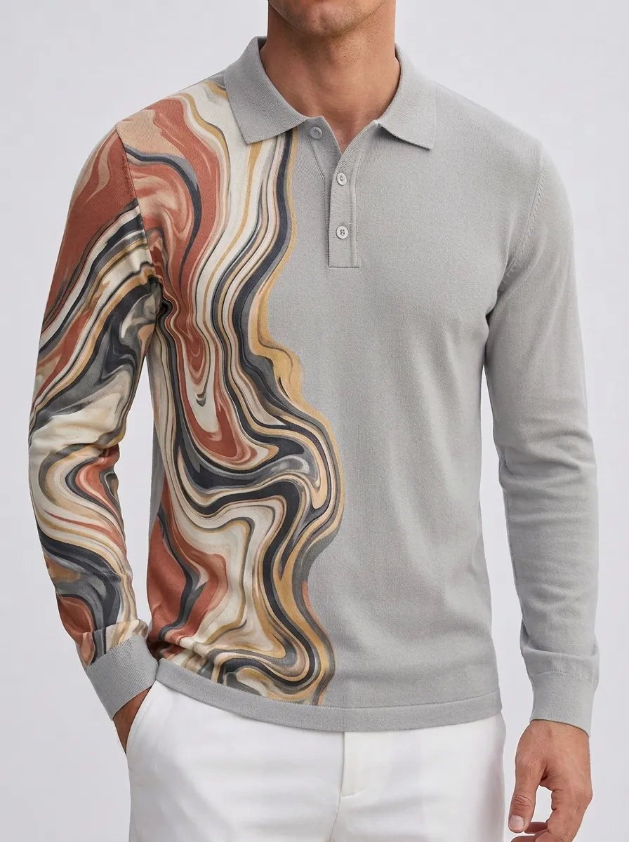 Men's Abstract Marble Pattern Printed Long Sleeve Polo Shirt