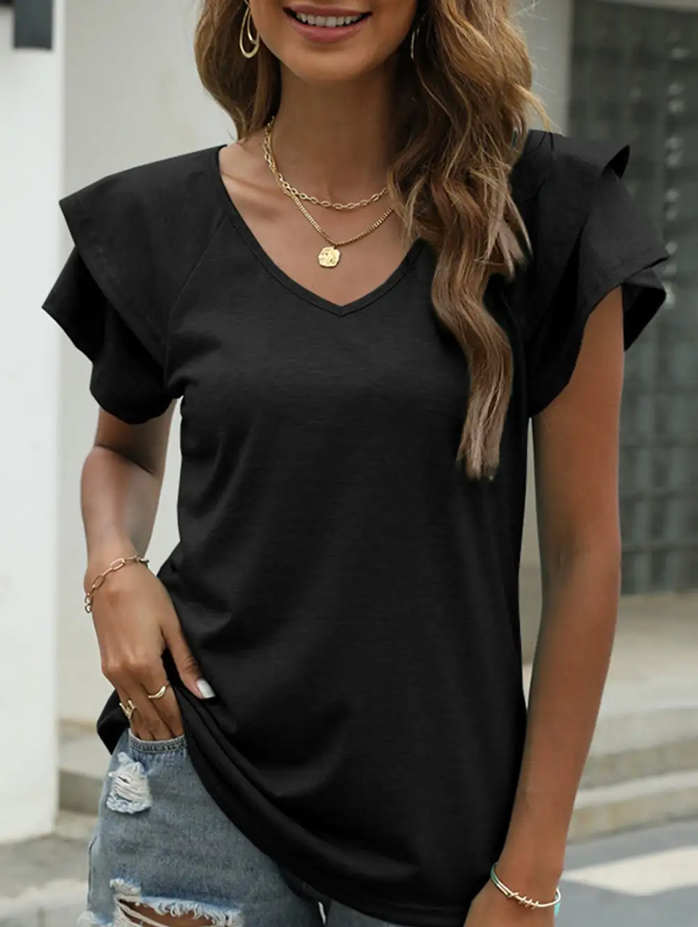 V Neck Double Layer Ruffle Sleeve Tank Top