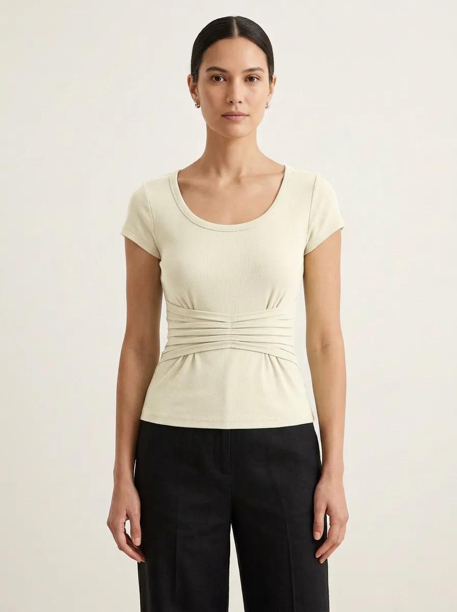 Ruched Ribbed Waist-Shaped Fitted Top