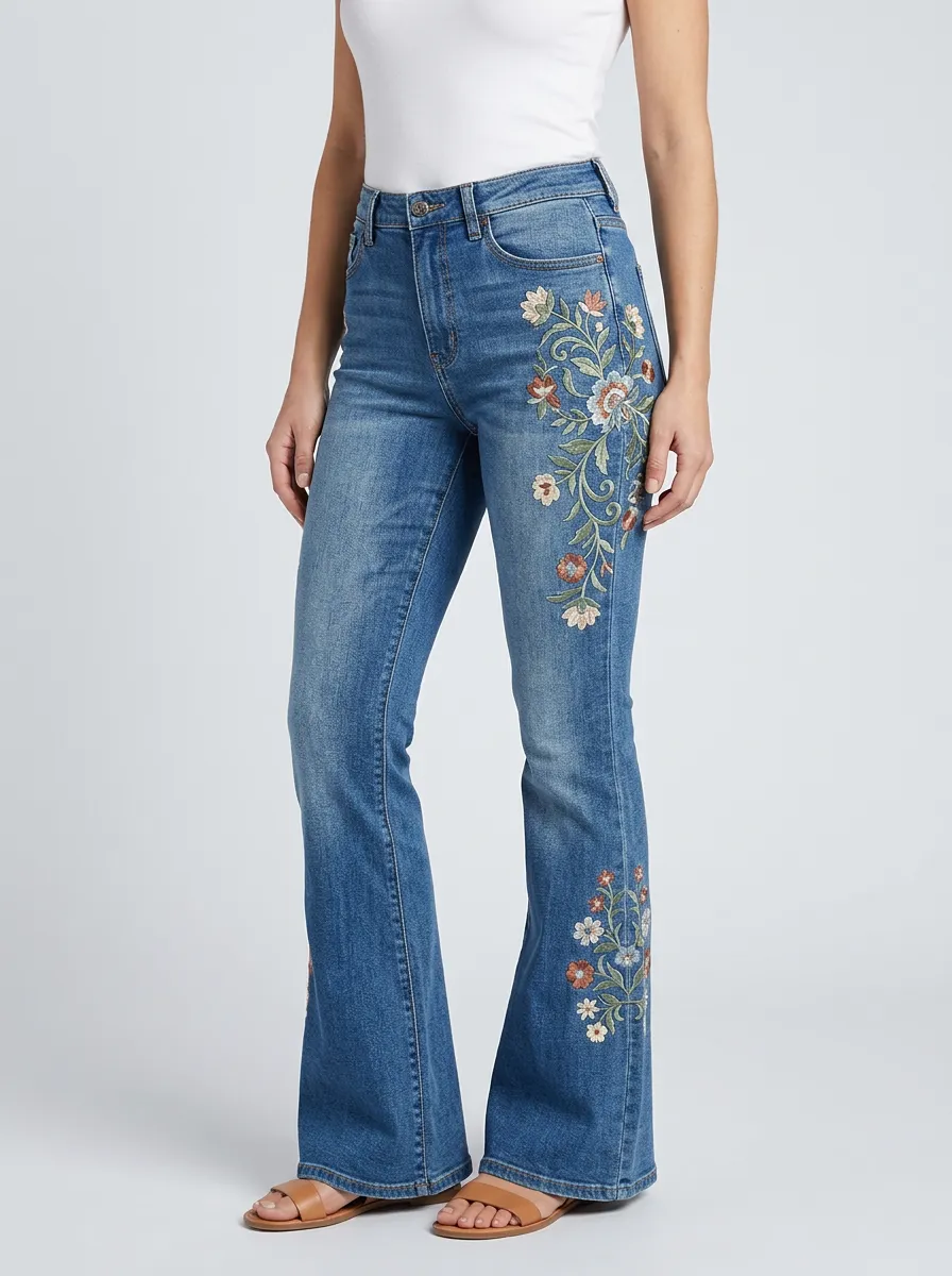 Women's Garden Medium Wash Floral Embroidery High-Rise Flare Jeans
