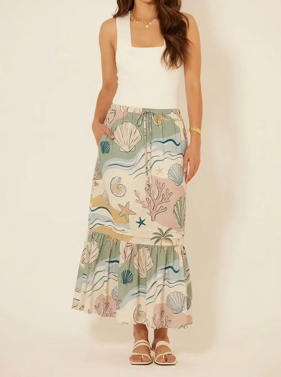Women's Beach Vacation Seashell Coral Printed Midi Skirt