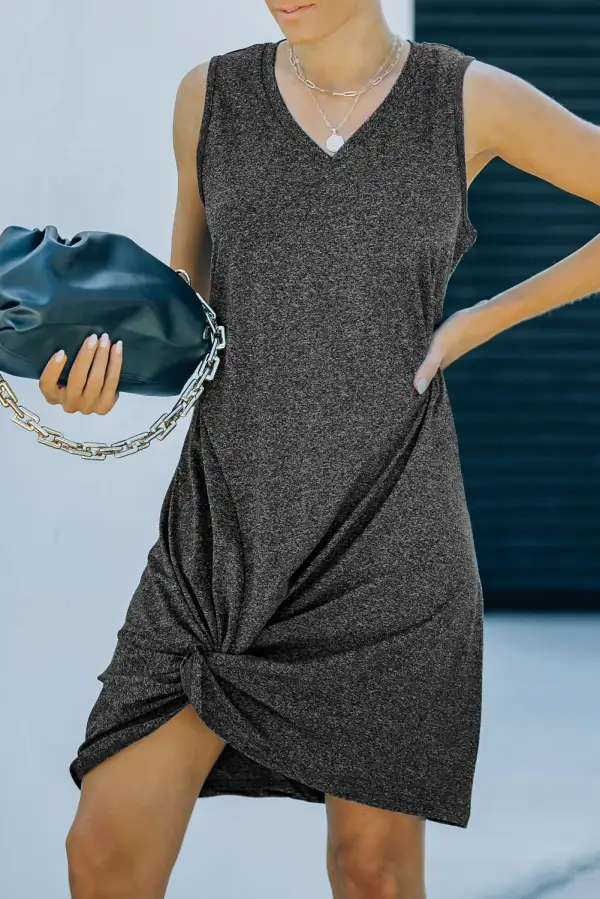 Twist Knot Sleeveless V Neck Shift Mini Dress