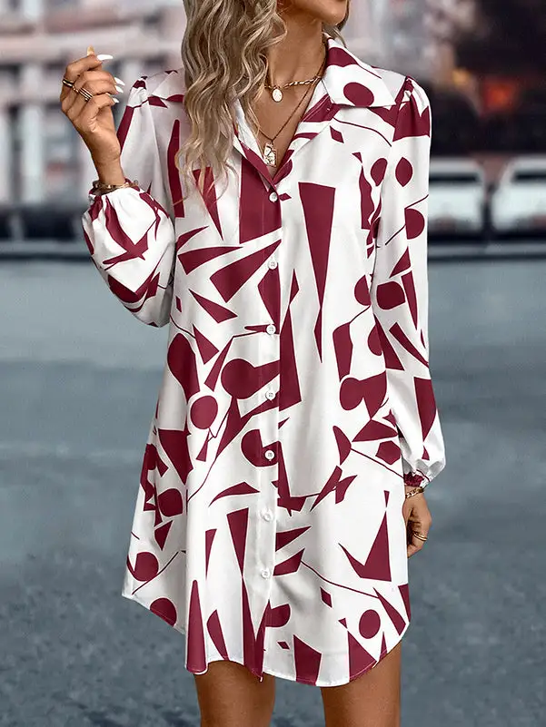 Relaxed Puff Sleeve Printed Split Joint Lapel Mini Dress Shirt Dress