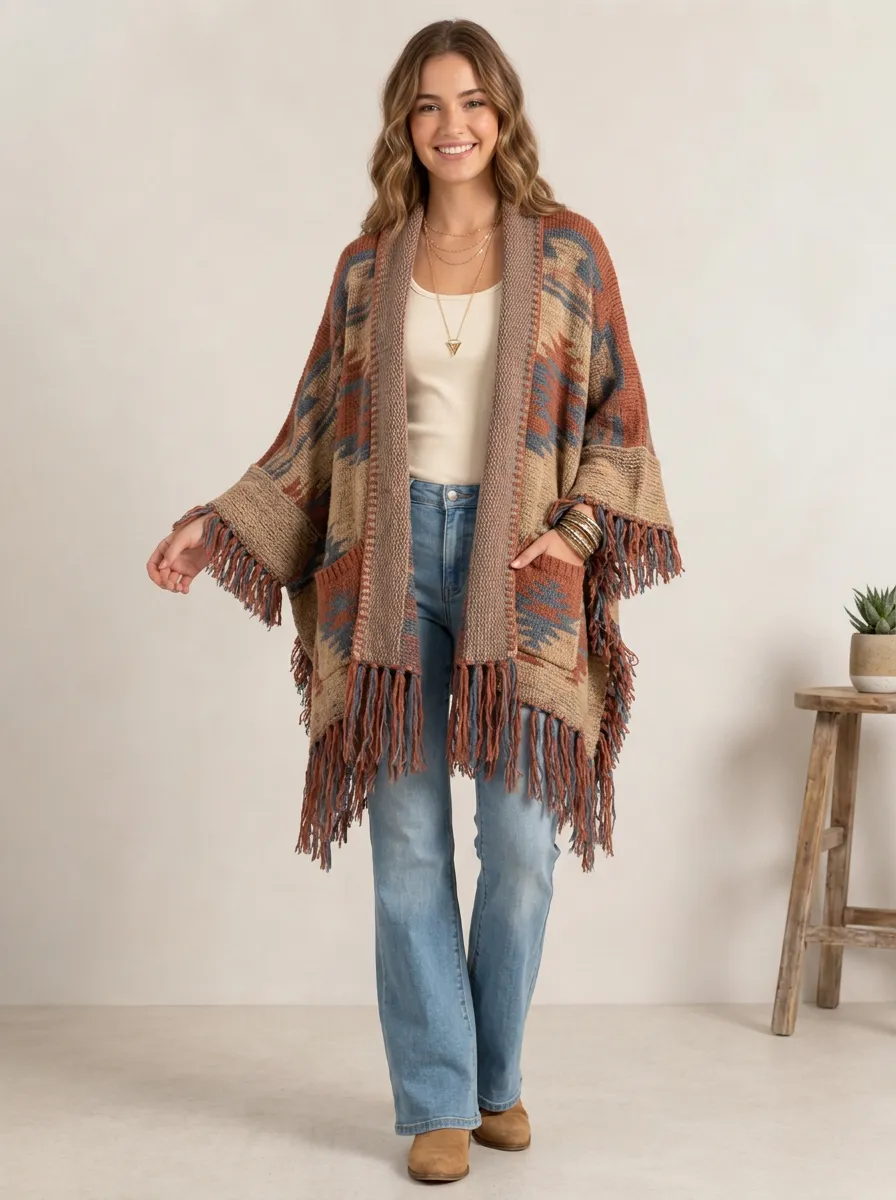 Women's Boho Style Geometric Pattern Fringe Printed Cardigan