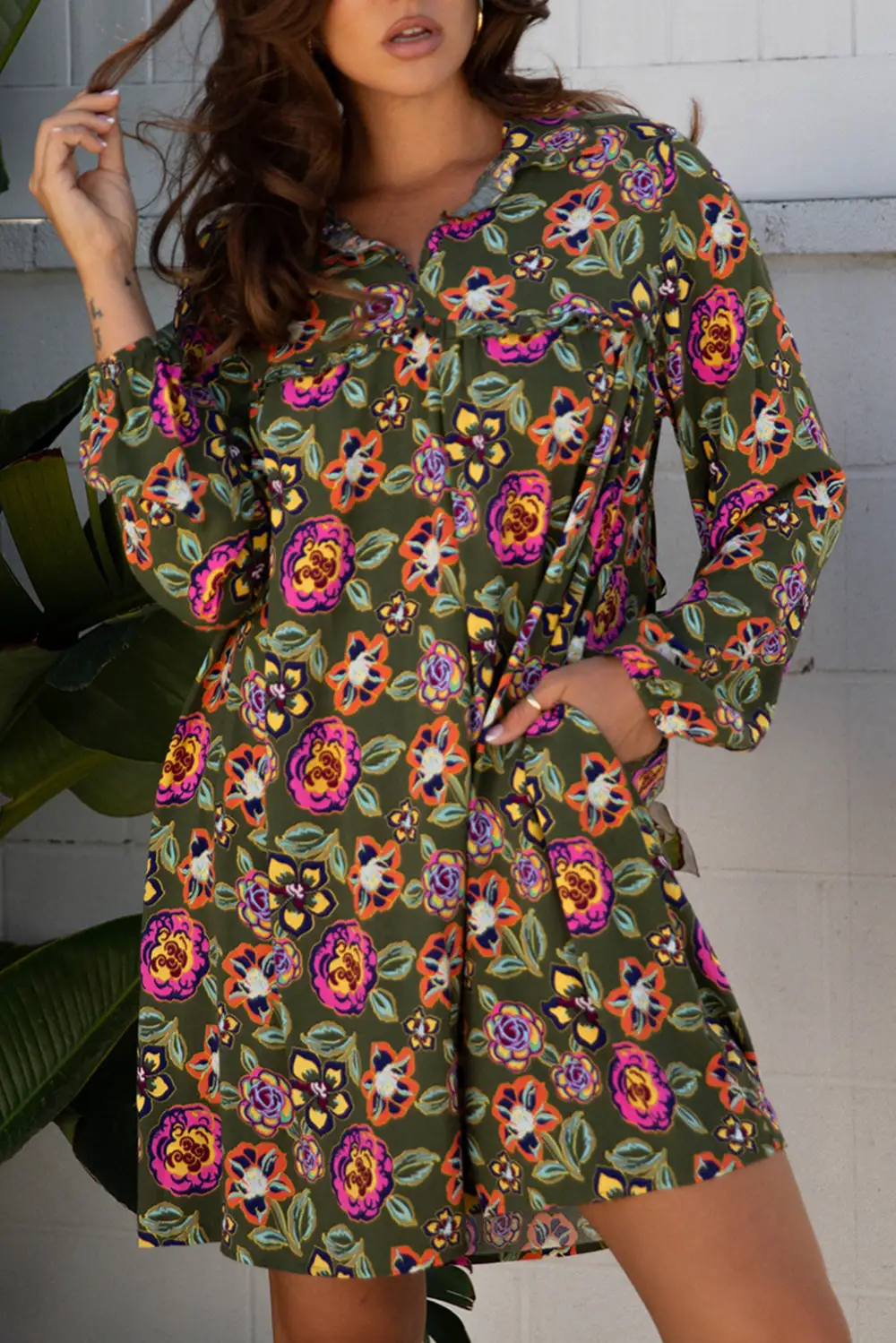 Layered Detail Floral Printed Split Neck Mini Dress