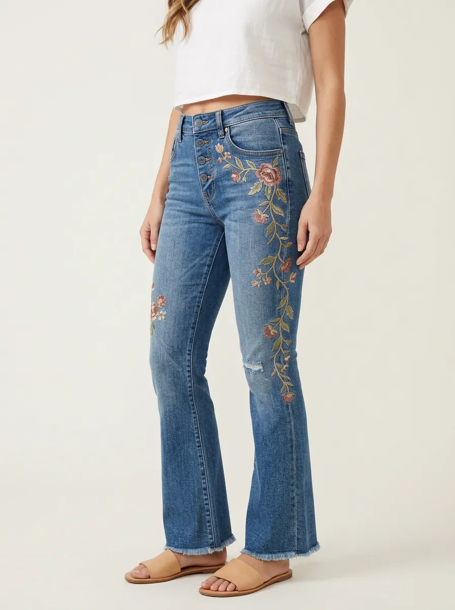 Women's Medium Wash Floral Embroidery High-Rise Raw Hem Flare Jeans
