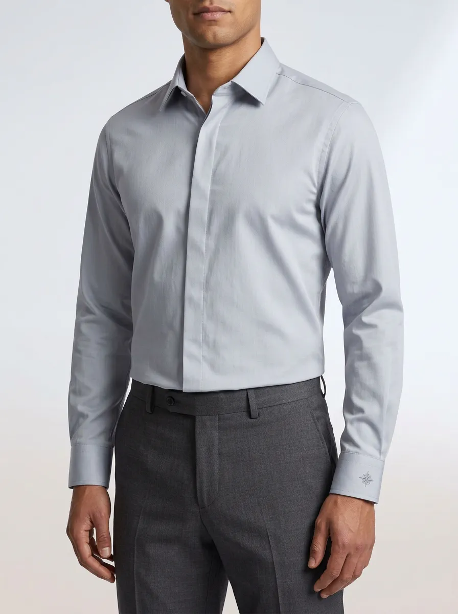 Men's Non-Iron Cotton Compass Embroidered Long Sleeve Shirt