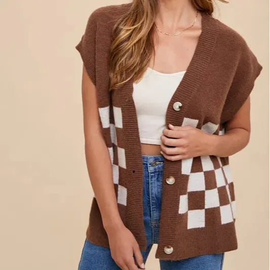 Short Sleeve Button Down Checkered Ribbed Knit Cardigan