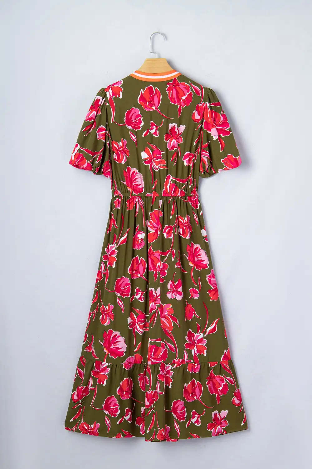 Floral Print Striped Trim Split Neck Short Puff Sleeve