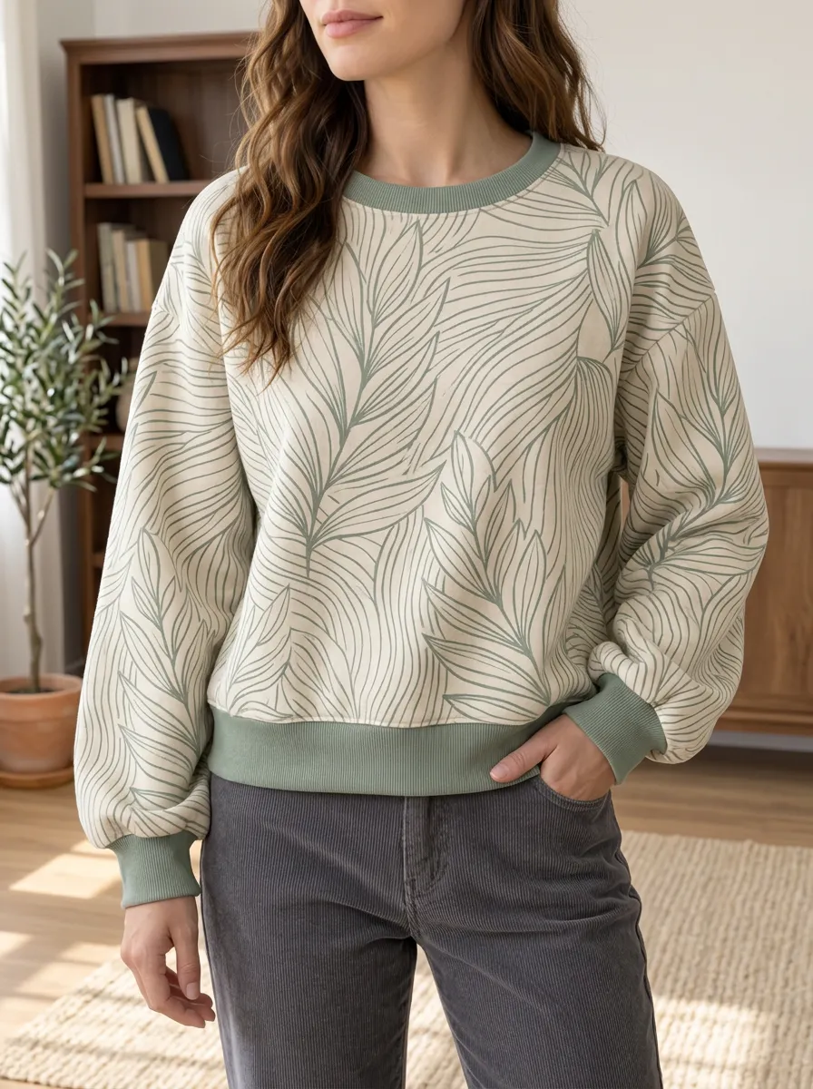 Women's Leaf Print Crewneck Sweatshirt Fleece Relaxed Fit