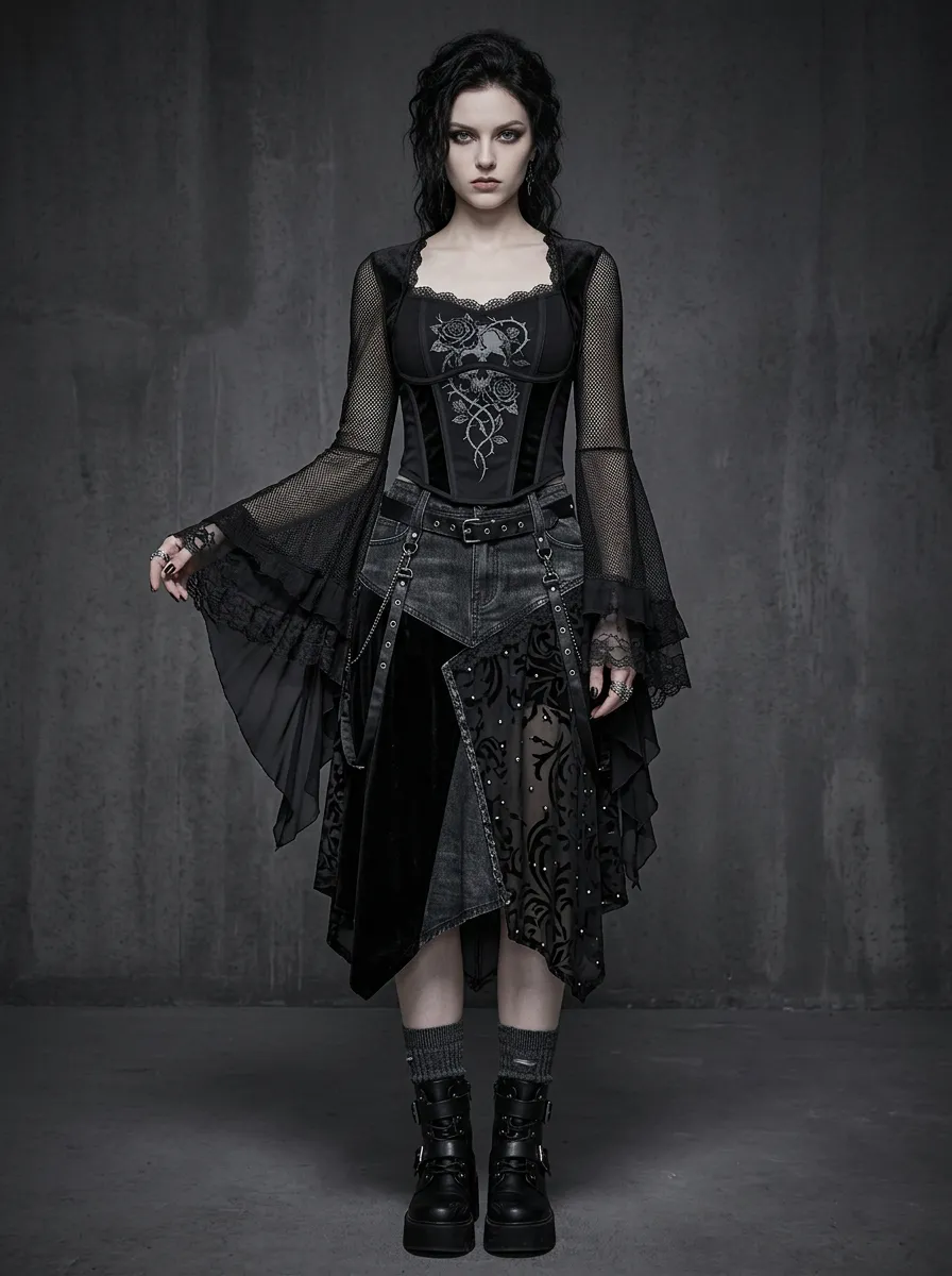 Women's Gothic Rose Skull Printed Mesh Sleeve Top