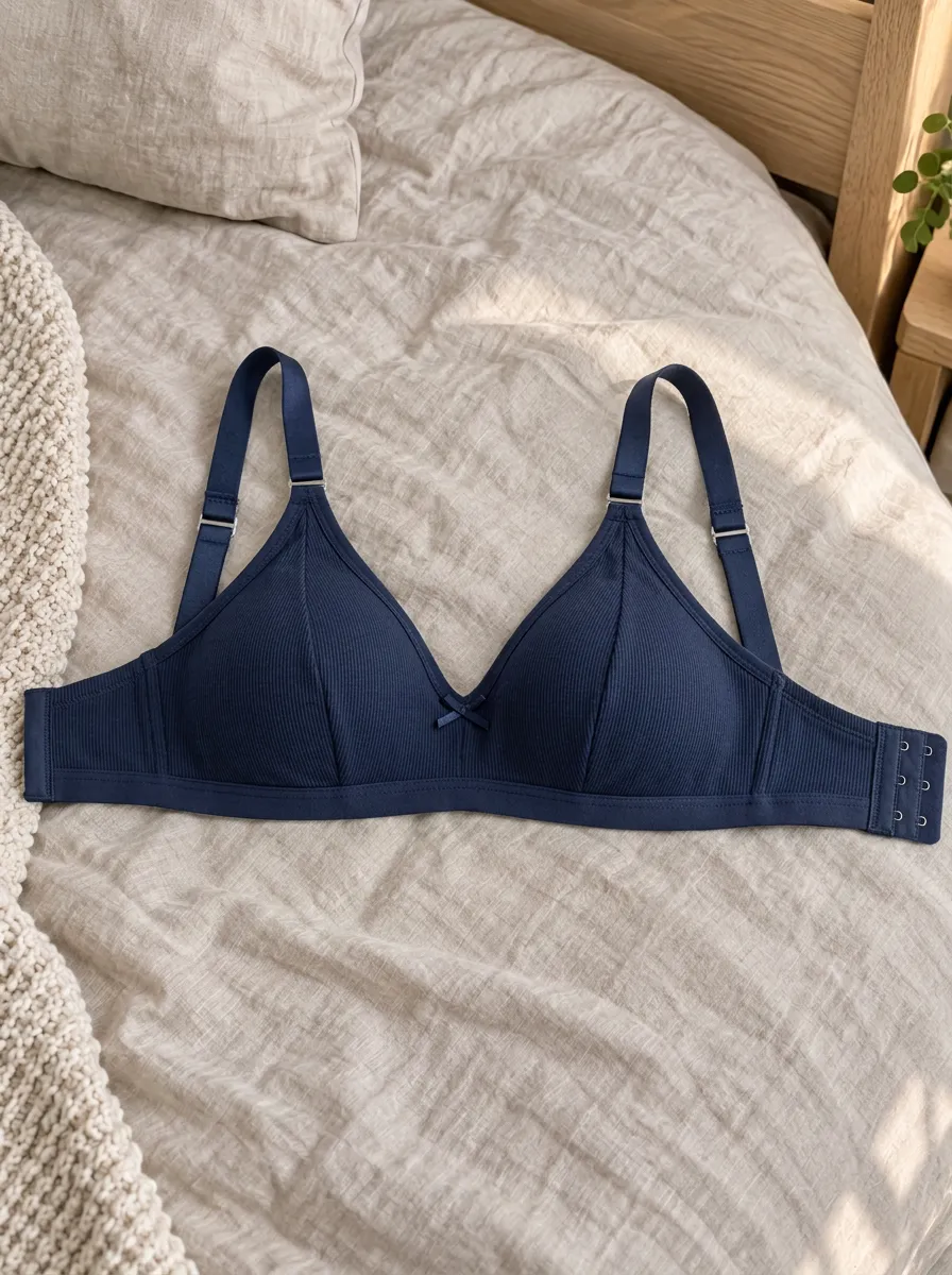 Women's Navy Blue Ribbed Wireless Bowknot Bra