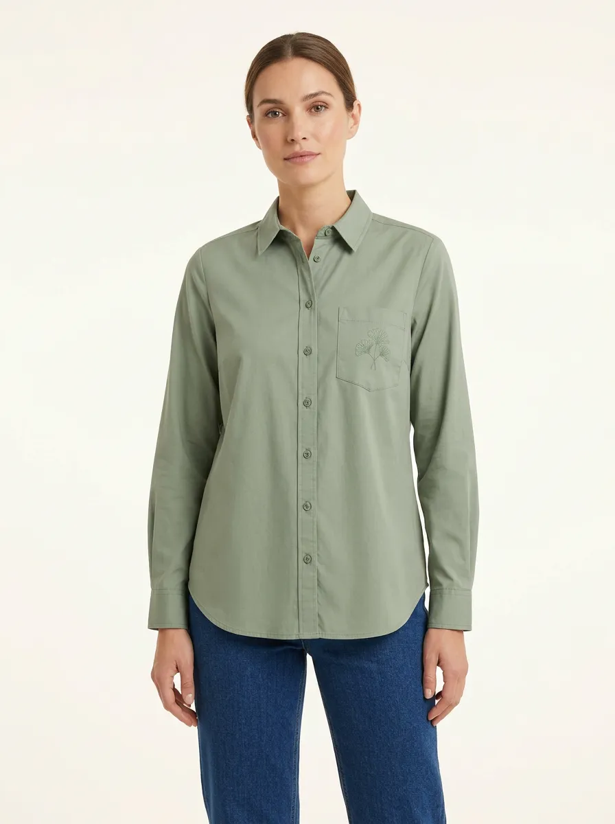 Women's Ginkgo-Embroidered Shirttail-Hem Point-Collar Shirt