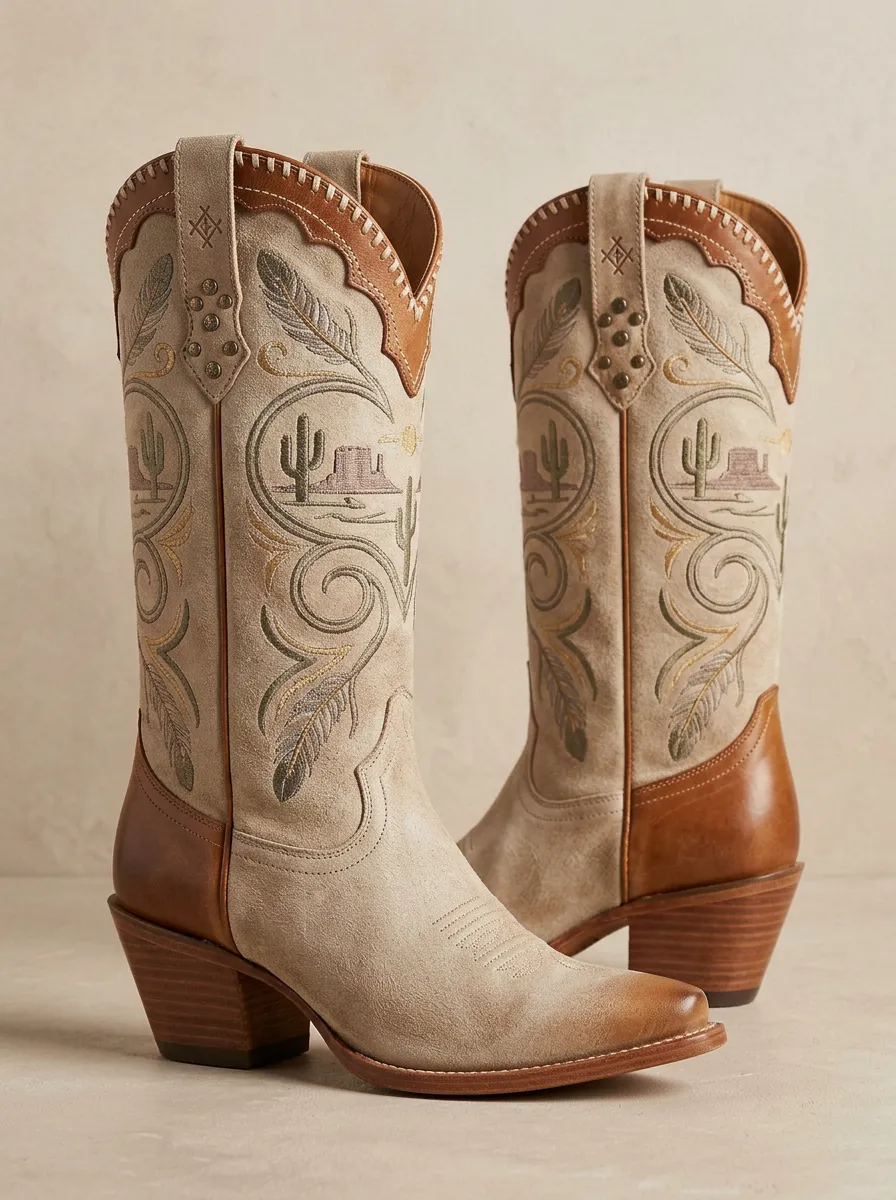 Country Embroidered Cactus Easy-Wear Western Boots