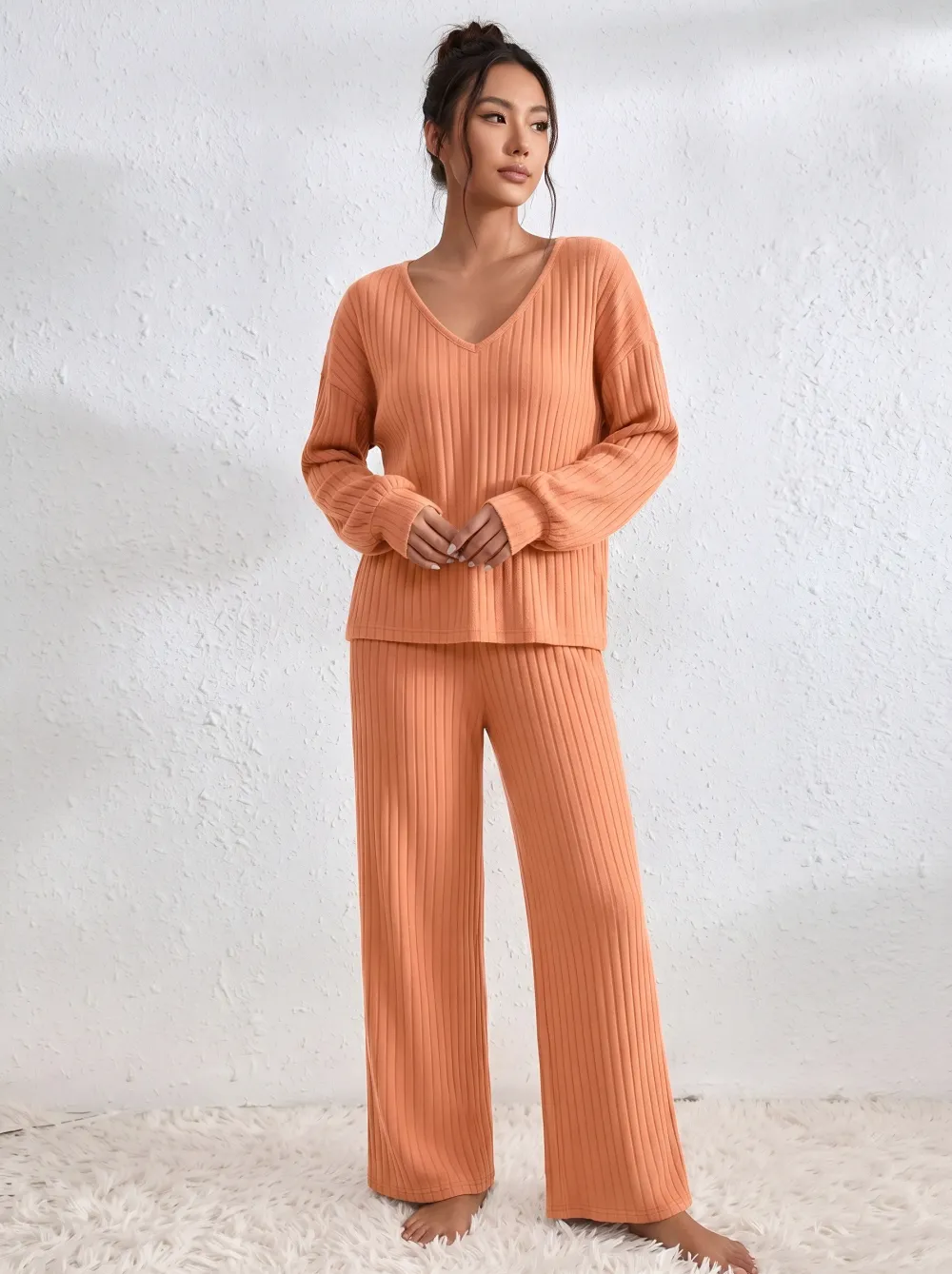 Ribbed V Neck Casual Set