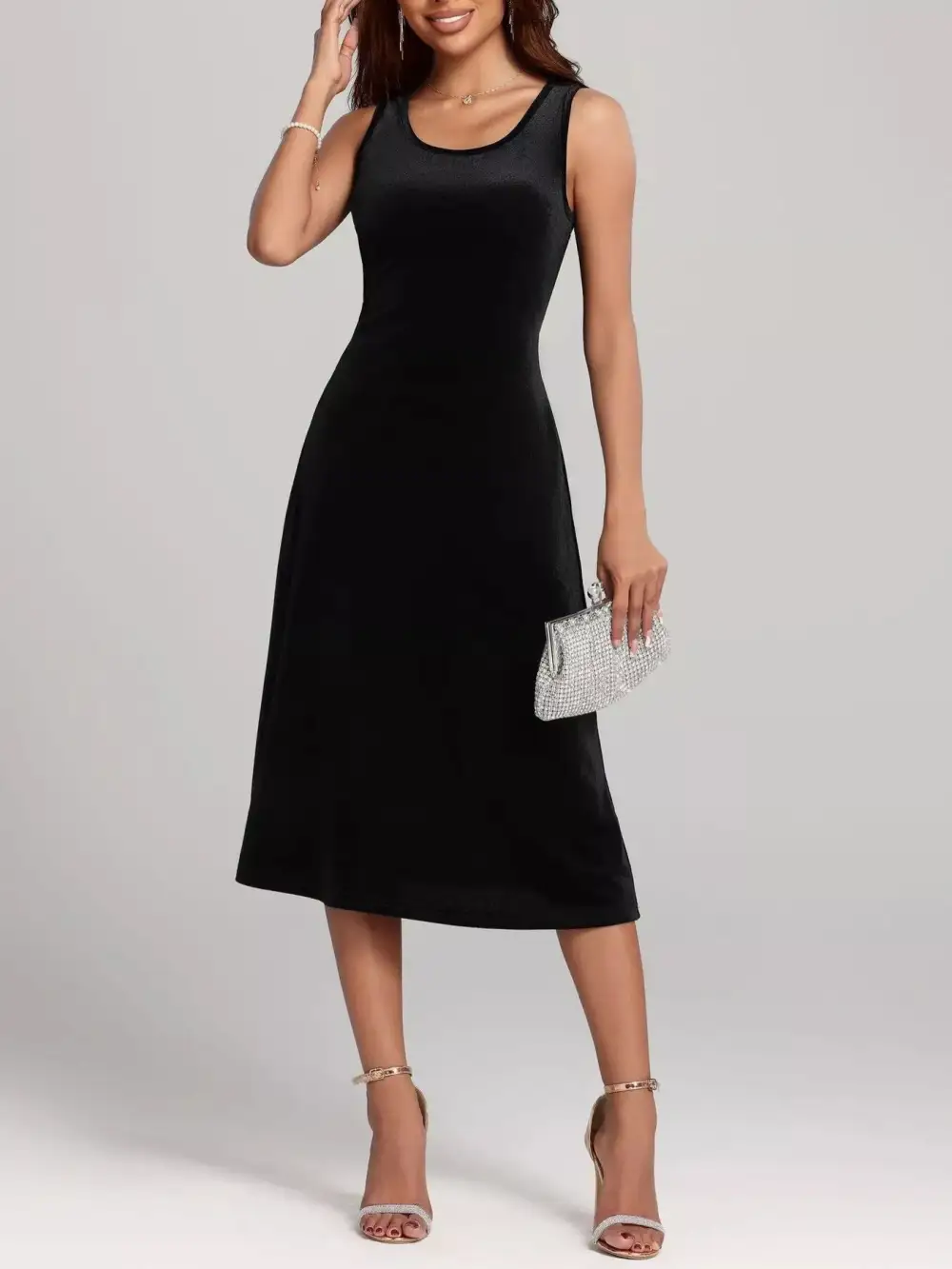 Velvet Round Neck Sleeveless Midi Dress