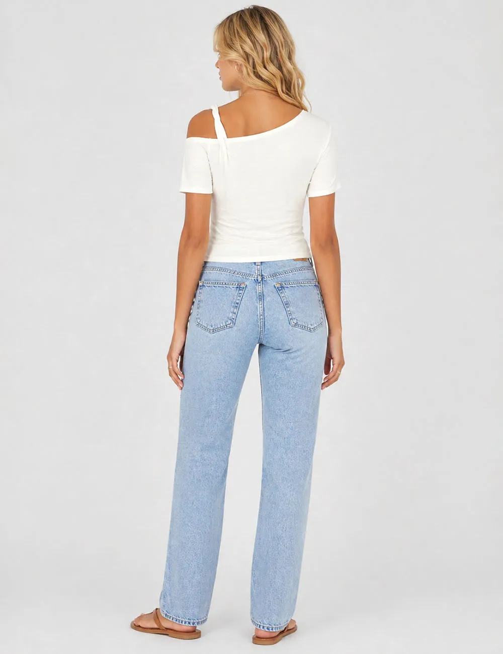 Solid Color One Shoulder Twist Strap Short Sleeves Top