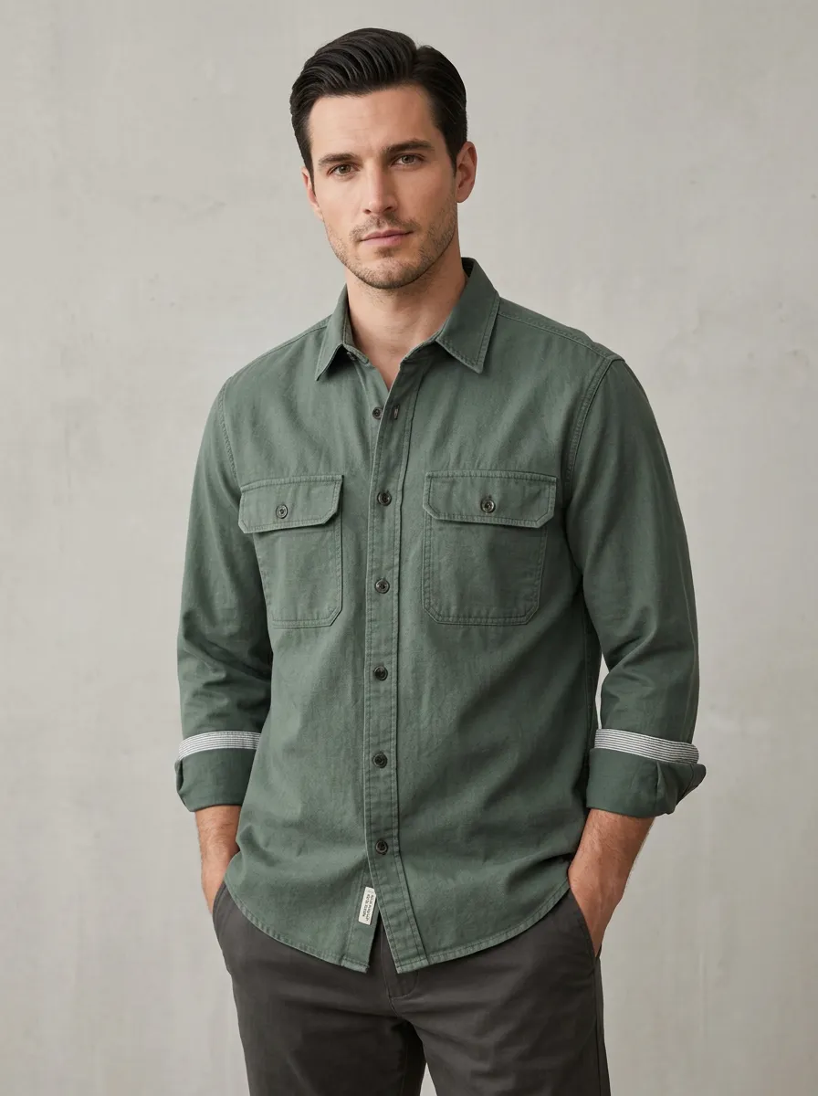 Men's Casual Olive Green Double Pocket Button Down Shirt
