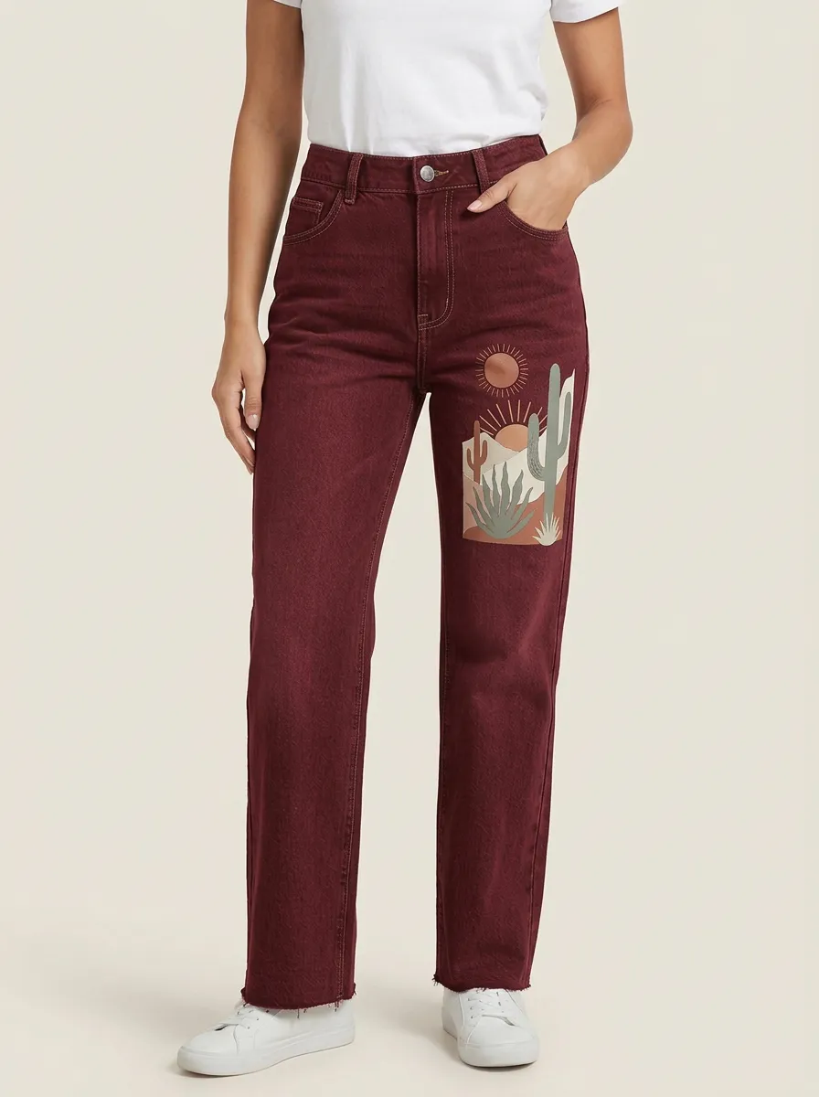 Women's Grey Desert Cactus Printed High-Rise Straight Leg Jeans
