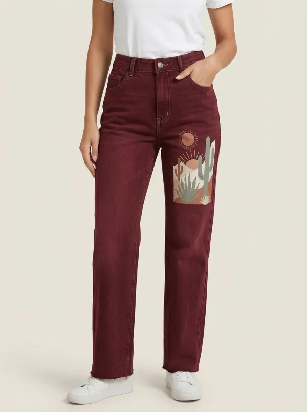 Women's Grey Desert Cactus Printed High-Rise Straight Leg Jeans