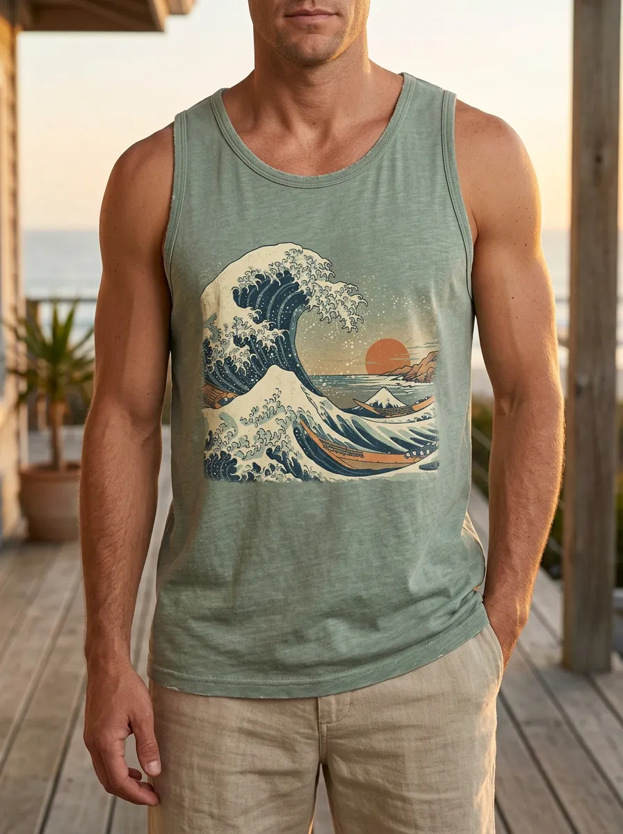 Men's Japanese Ocean Wave Sunset Tank Top