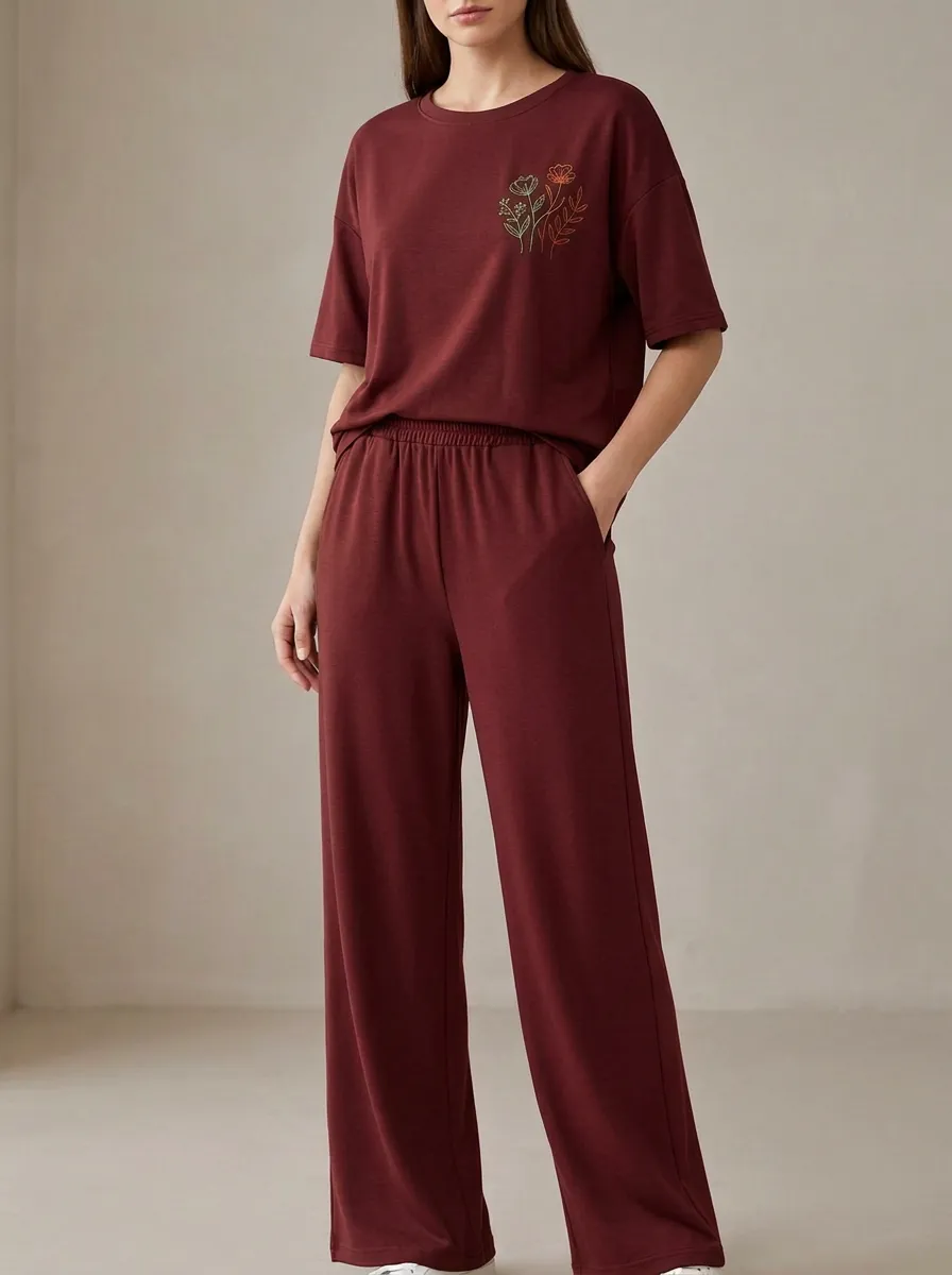 Women's Floral Embroidered Drop-Shoulder T-Shirt And Wide-Leg Trouser Lounge Set
