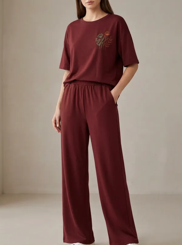 Women's Floral Embroidered Drop-Shoulder T-Shirt And Wide-Leg Trouser Lounge Set