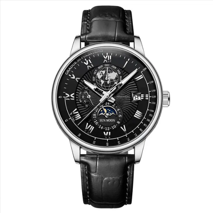Men Starry Sky Moon Phase Watch, Triple Eye Date Dial, Trendy Hot Selling Leather Strap Wristwatch