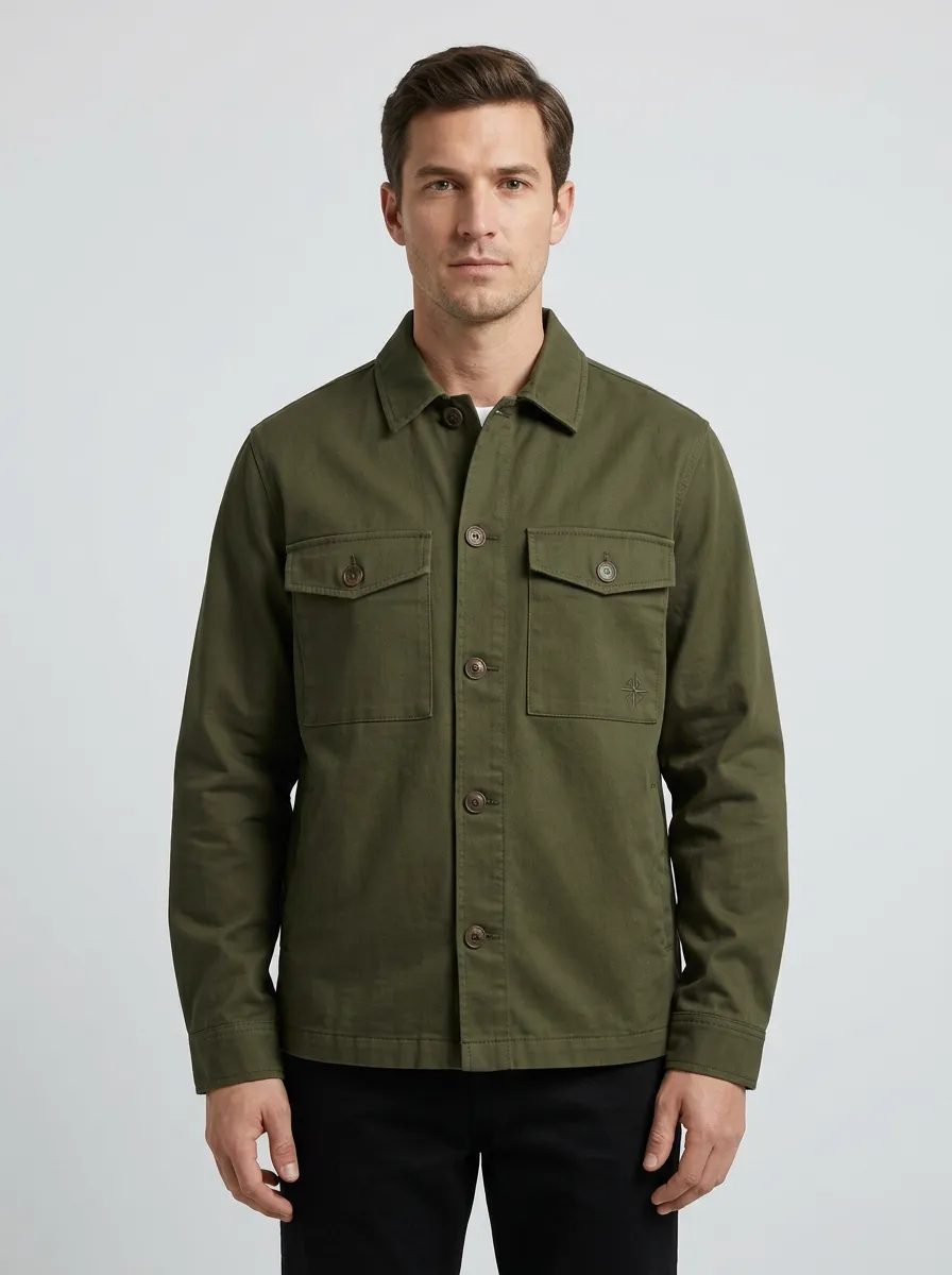 Men's Casual Olive Green Compass Embroidered Button-Up Jacket