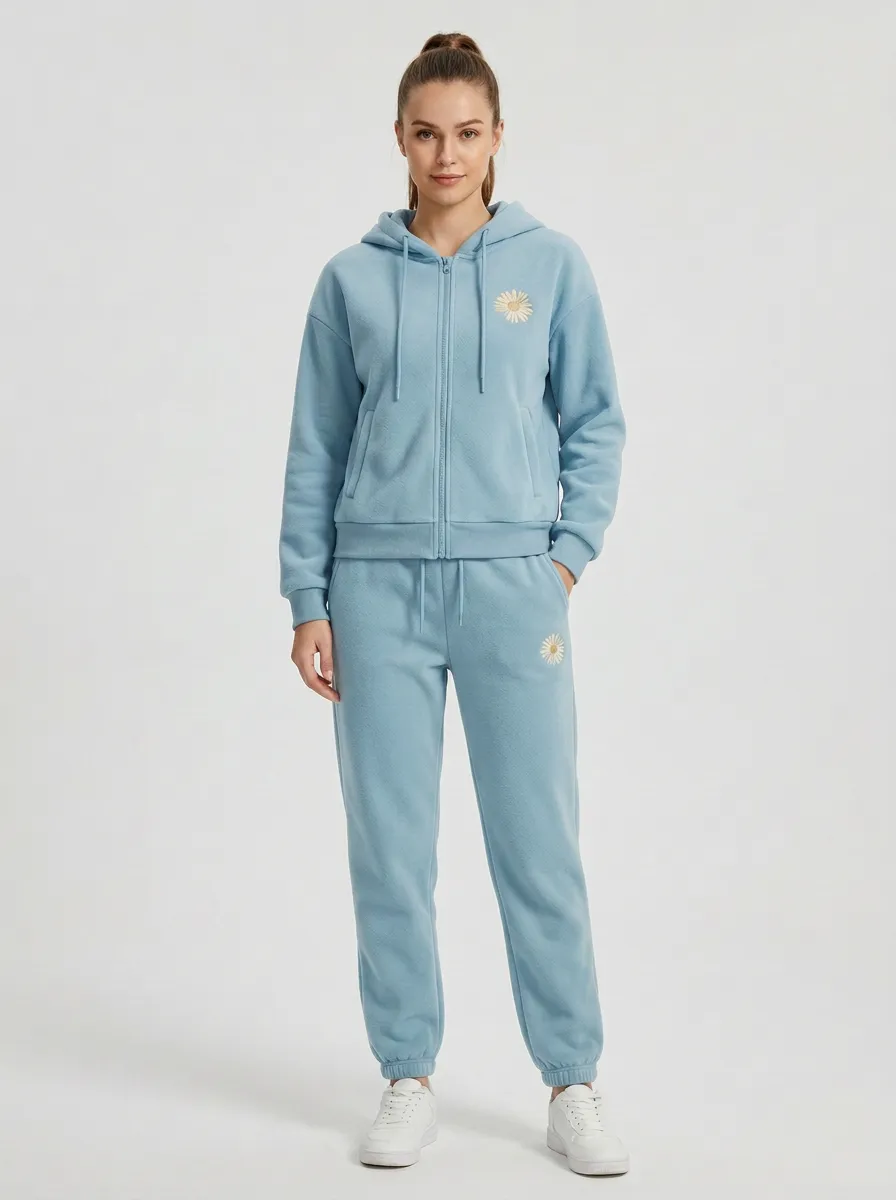 Women's Daisy Embroidered Zip-Up Hoodie And Tapered Jogger Set