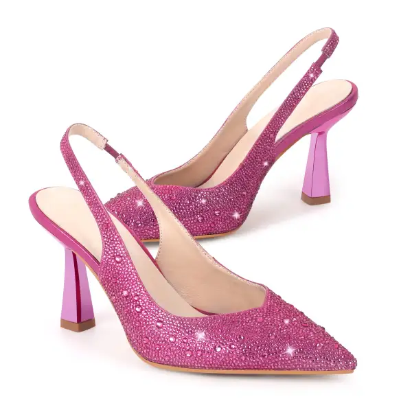 Rhinestone Pointed Toe Chunky Heel Slingback Pumps
