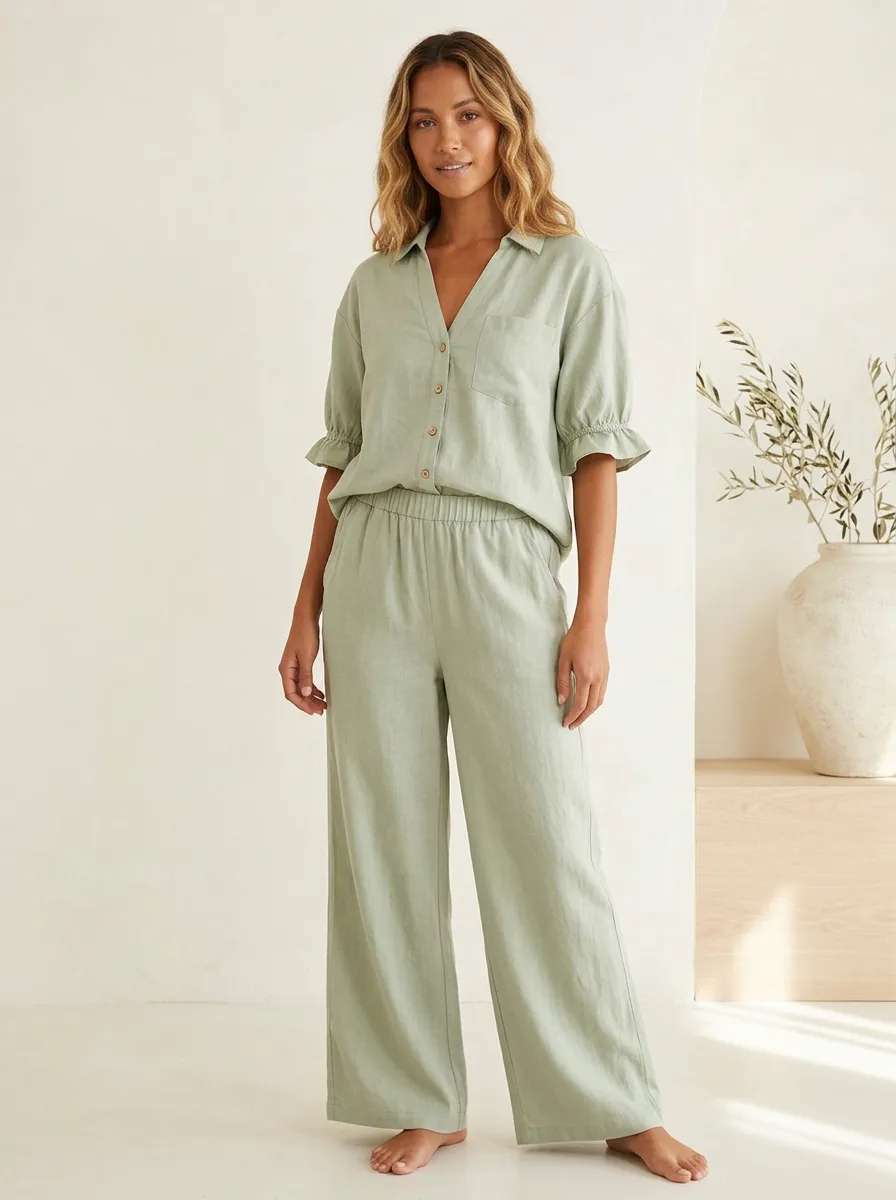 Short-Sleeve Pocket Button-Down Women's V-Neck Shirt