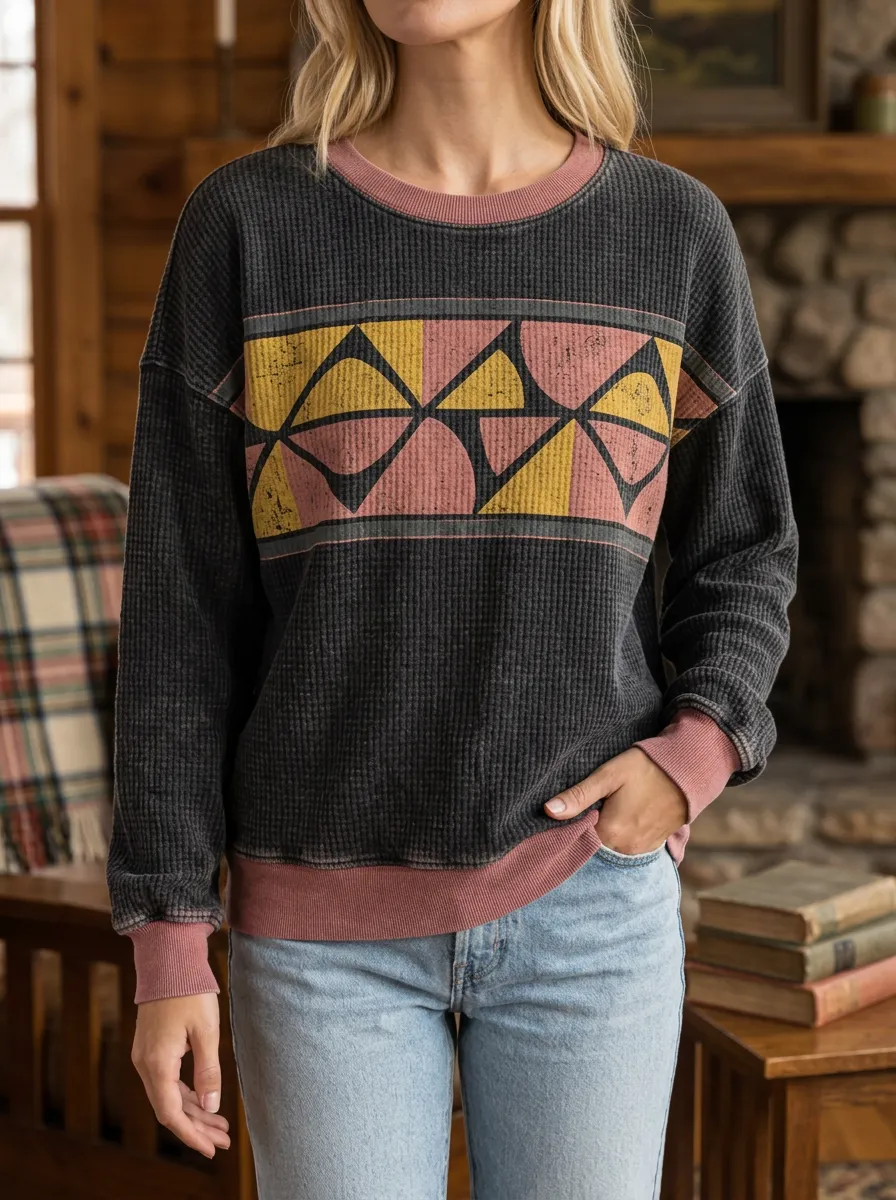 Women's Boho Geometric Pattern Printed Waffle Knit Crewneck Sweatshirt