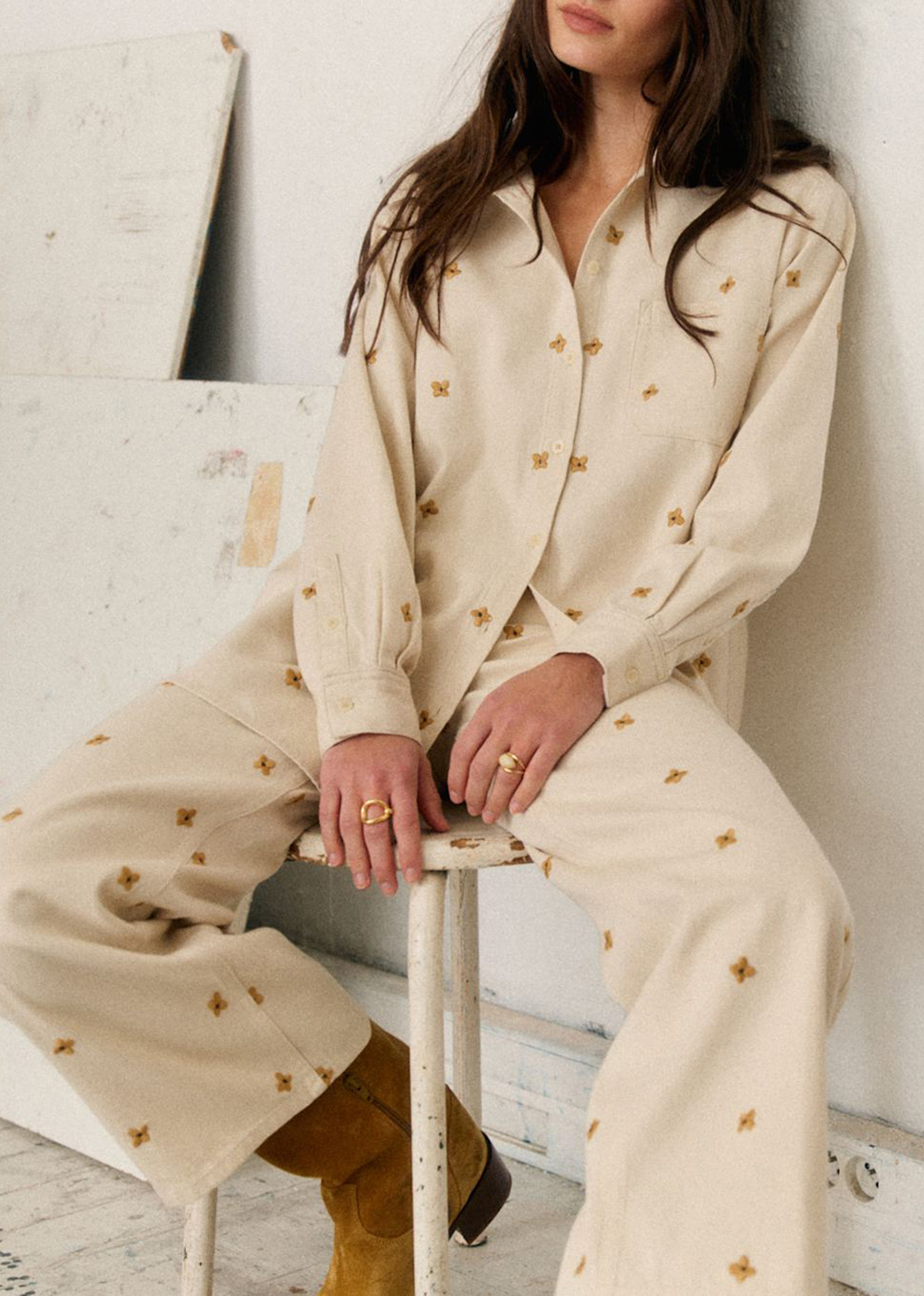 Embroidered Wide-Leg Flared High-Waist Trousers