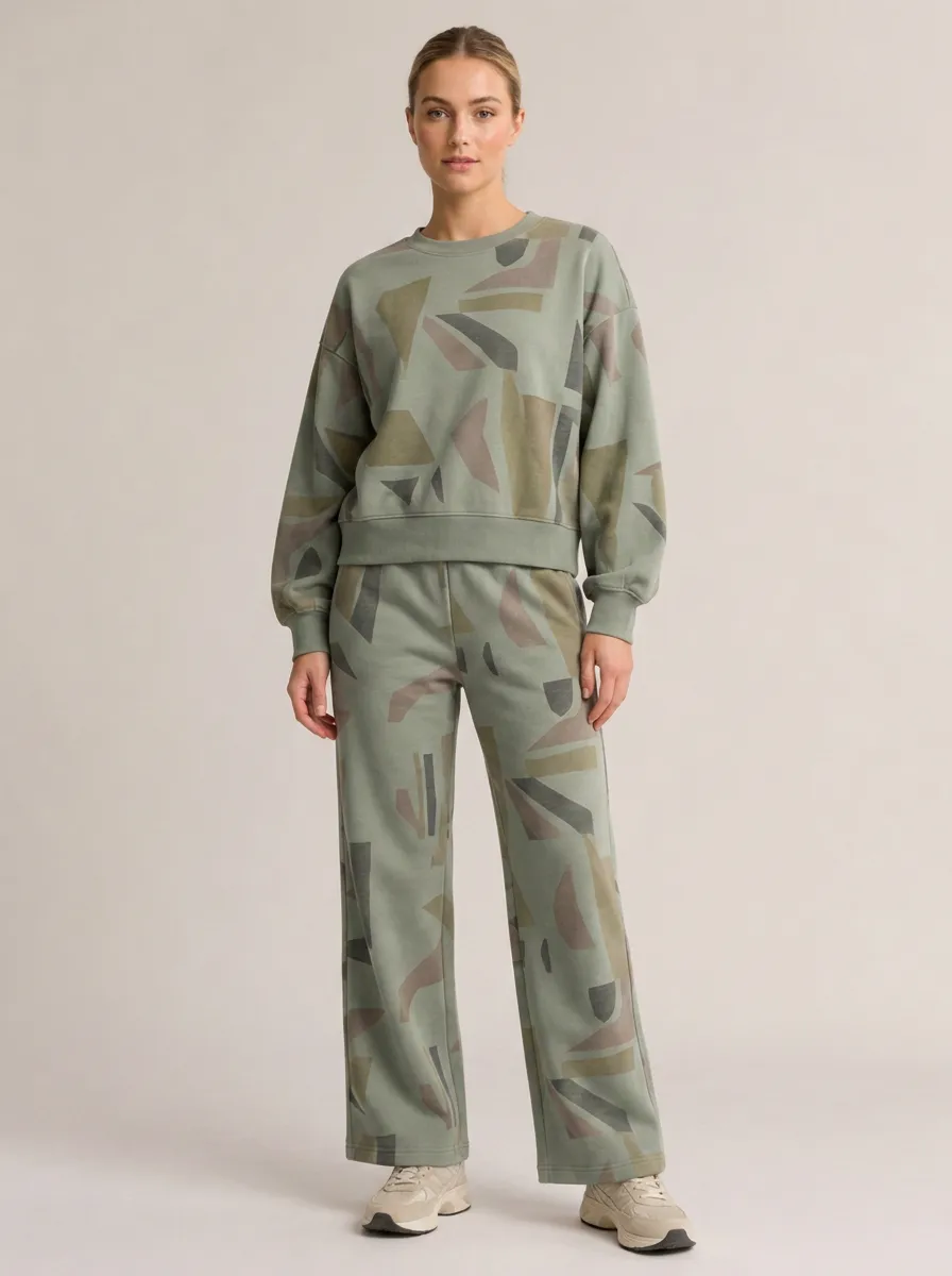 Women's Casual Sage Green Geometric Printed Lounge Set