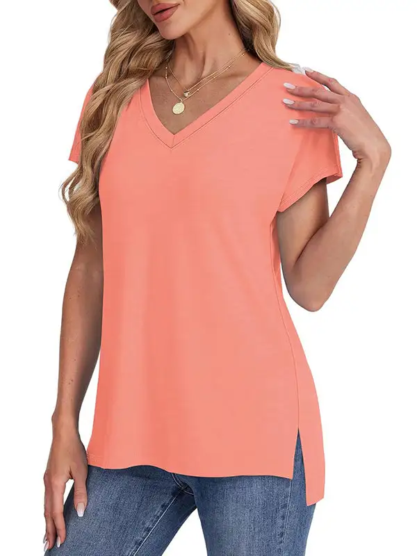 High Low Raglan Sleeve Panel Detail Side Slit V-Neck T-Shirt