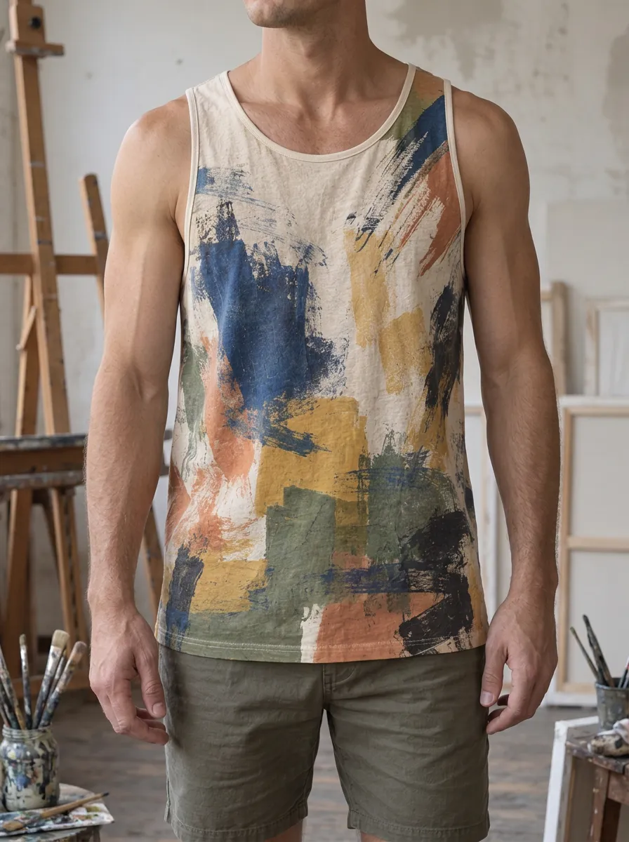 Men's Abstract Art Brushstroke Crew Neck Wide Armhole Tank Top