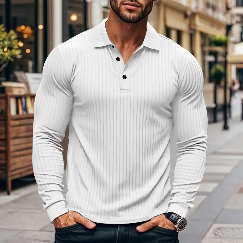 Ribbed Button Placket Spread Collar Polo Shirt