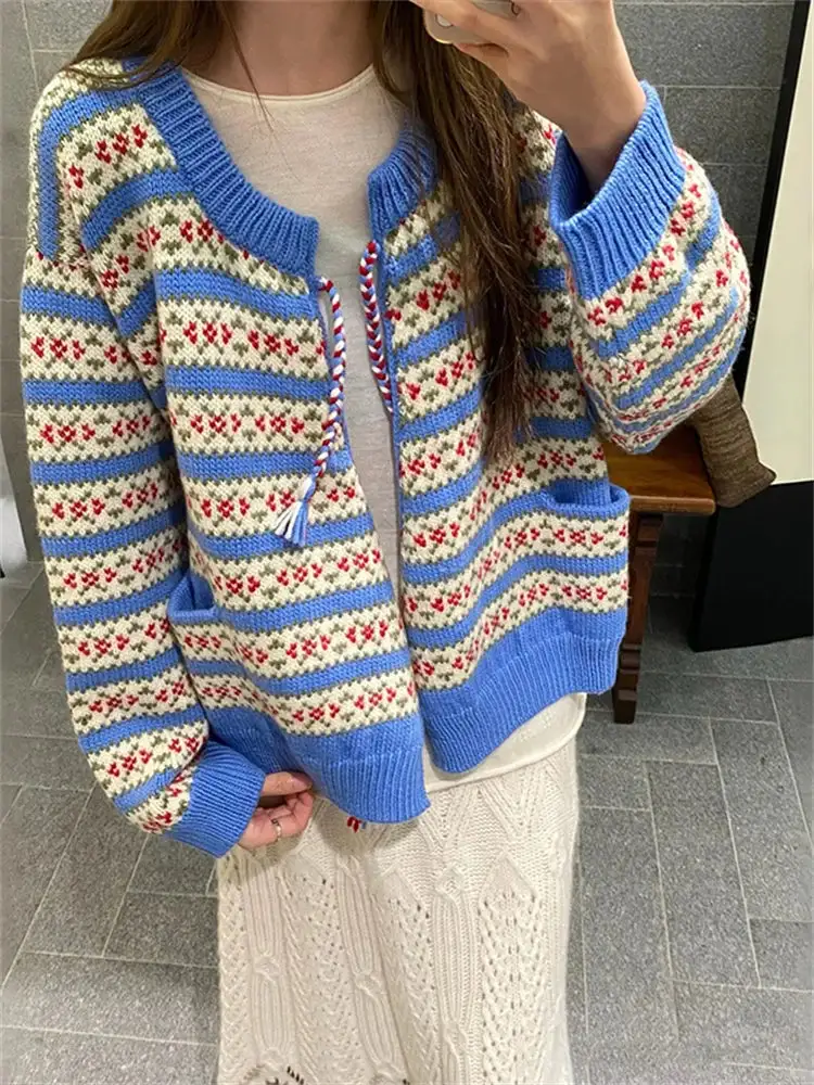Striped Jacquard Lace-Up Cardigan