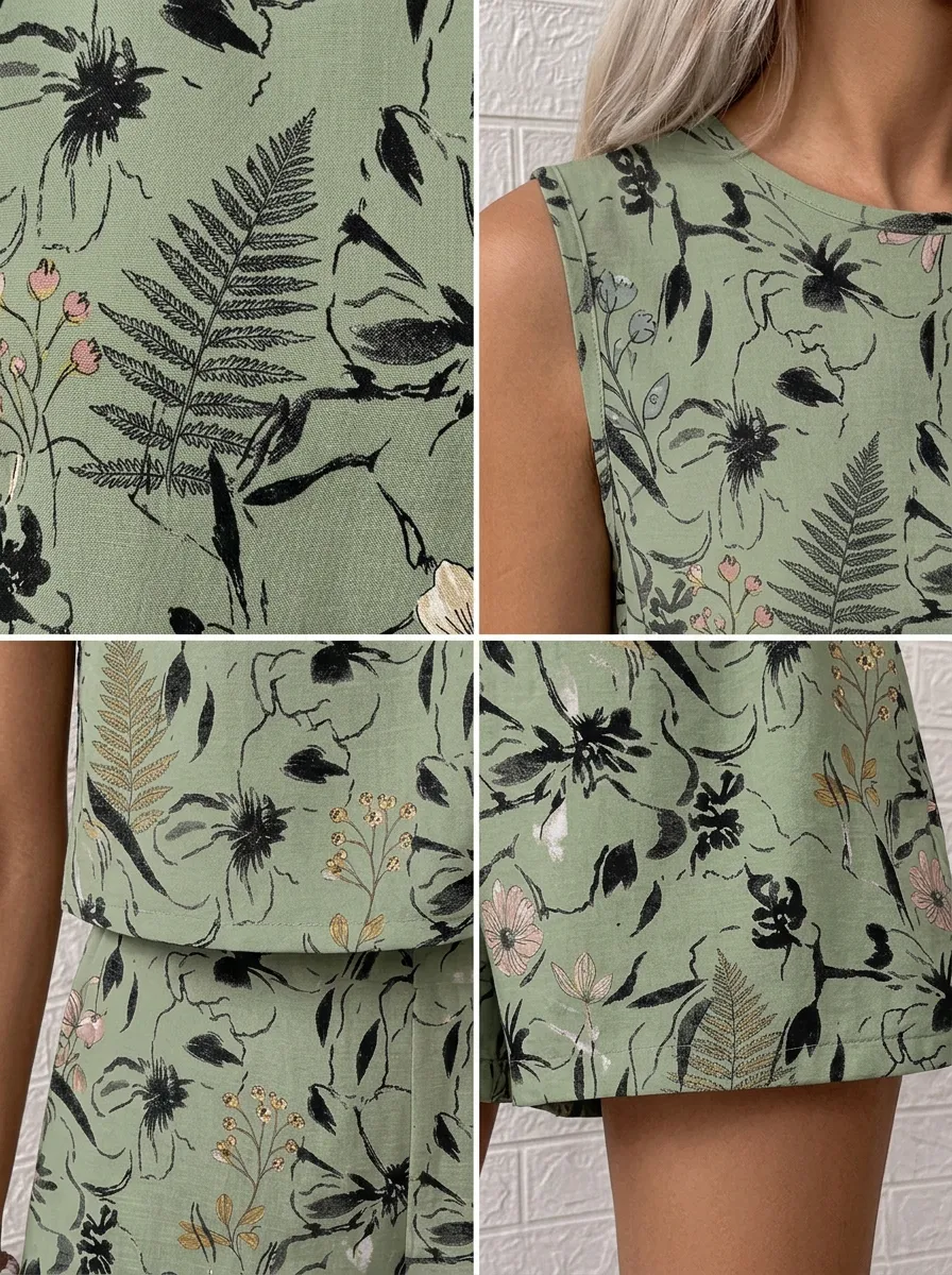 Women's Botanical Floral Sage Green Printed Sleeveless Set