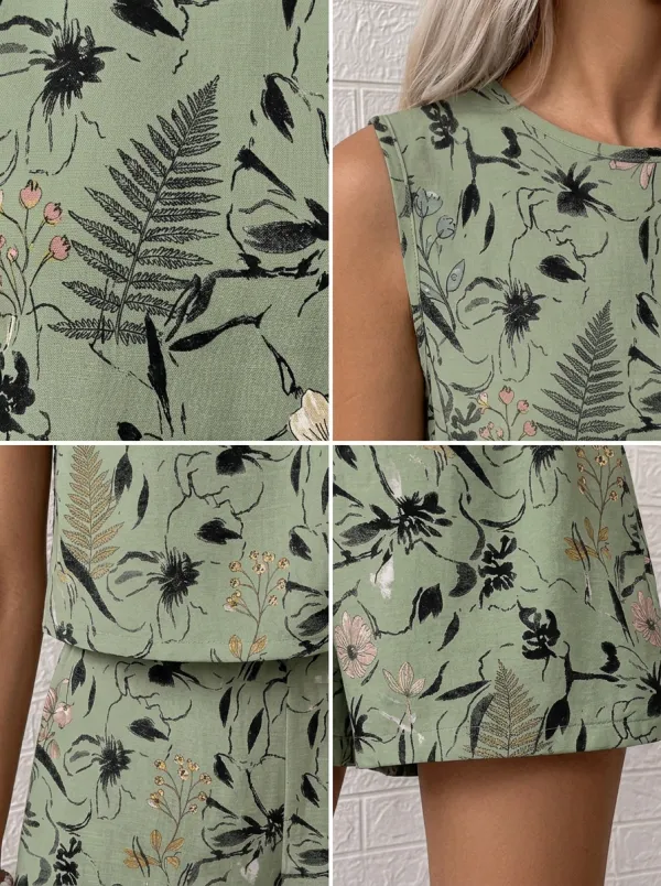 Women's Botanical Floral Sage Green Printed Sleeveless Set