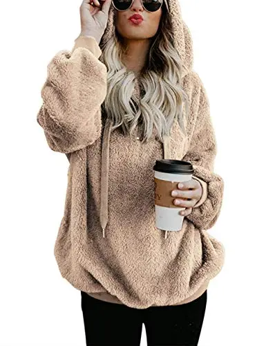 Women Casual Double Fuzzy Sweatshirt Faux Fleece Zip Pullover Hoodies Coat Outwear S-XXL